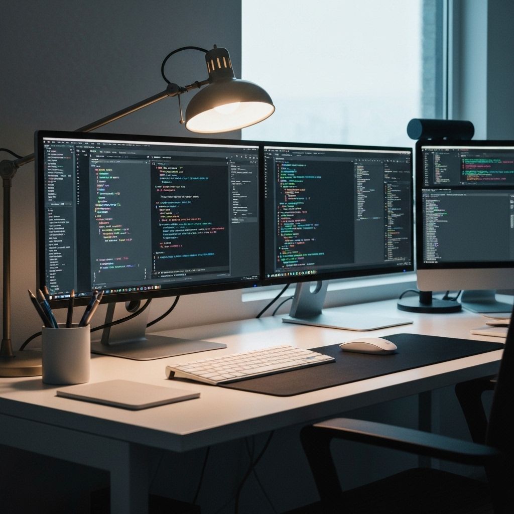 Modern developer workspace showcasing professional mobile and web development environment